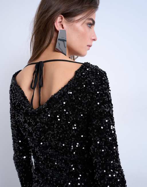 Topshop - Robe courte à sequins en velours avec manches longues et col bénitier - Noir, 4 de 4