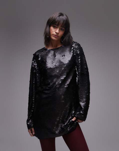 Topshop - Robe courte à sequins et manches longues - Noir - view 1