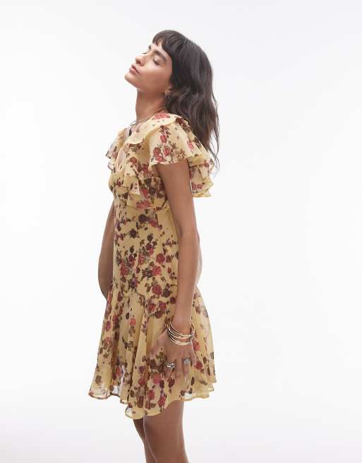 Topshop - Robe courte à volants et à petites fleurs - Jaune et rose