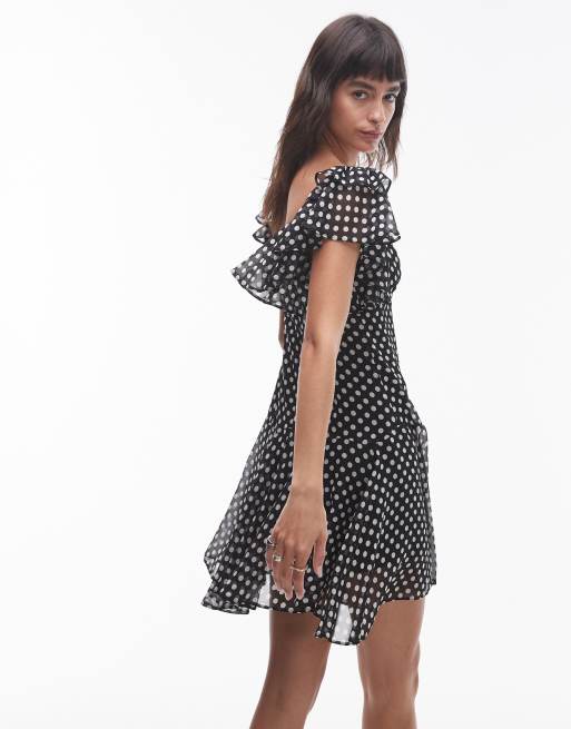 Topshop - Robe courte à volants et à pois - Noir et blanc, 3 de 4