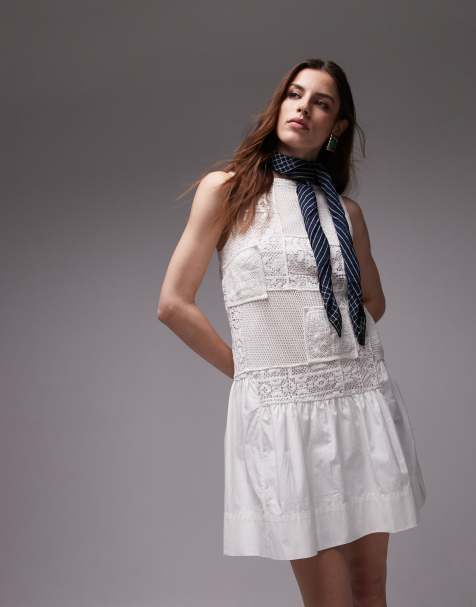 Topshop - Robe courte au crochet à motif patchwork avec ourlet plongeant - Blanc - view 1