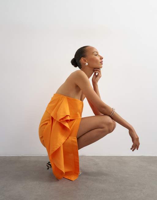 Topshop robe courte bandeau riche en lin avec détail drapé en orange, 2 de 4