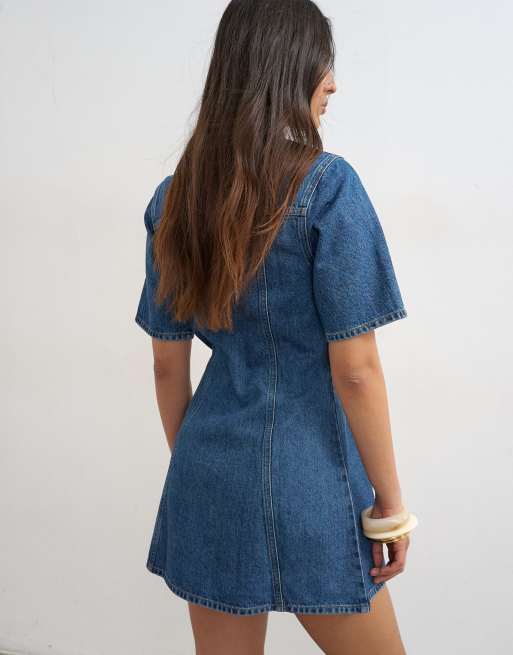 Topshop - Robe courte boutonnée en jean à manches courtes - Bleu moyen, 4 de 4