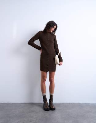 Robe courte boutonnée en maille à col ras de cou - Chocolat-Brown M