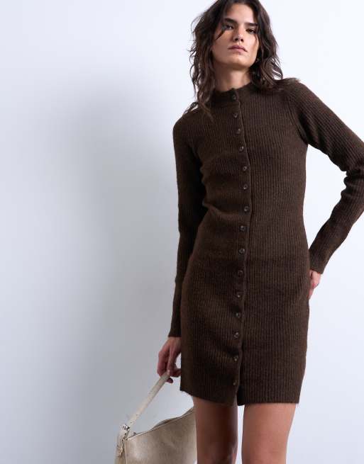 Topshop - Robe courte boutonnée en maille à col ras de cou - Chocolat, 2 de 4
