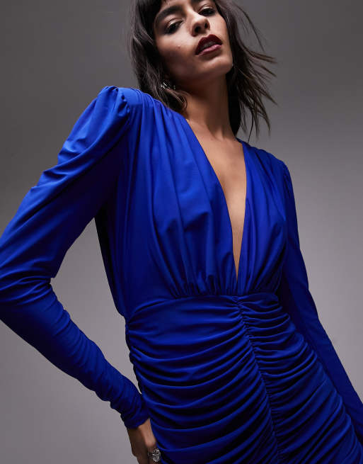 Topshop - Robe courte drapée à manches longues - Bleu de cobalt, 4 de 4