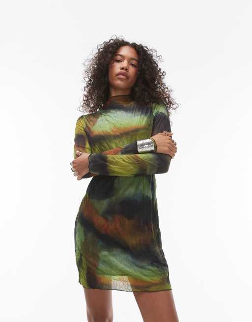 Topshop - Robe courte effet froissé à manches longues et imprimé grunge - Multicolore