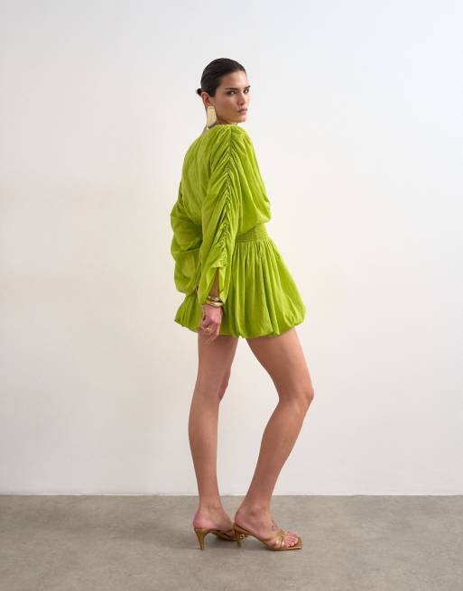 Topshop - Robe courte en coton à manches longues avec décolleté plongeant et ourlet boule - Citron vert, 3 de 4