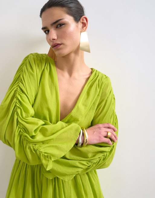 Topshop - Robe courte en coton à manches longues avec décolleté plongeant et ourlet boule - Citron vert, 4 de 4