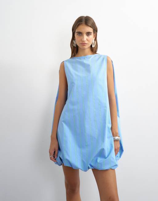 Topshop - Robe courte en coton avec cape bouffante et rayures tissées - Bleu et menthe, 2 de 4