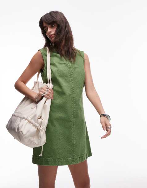Topshop - Robe courte en jean à col V - Vert - view 1
