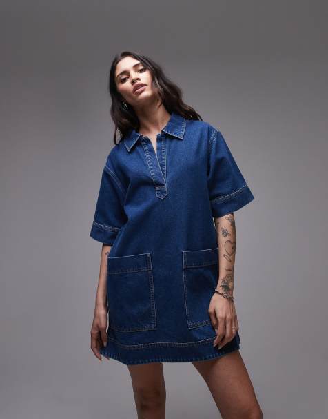Topshop - Robe courte en jean à enfiler avec manches courtes et col style rugby - Bleu moyen - view 1