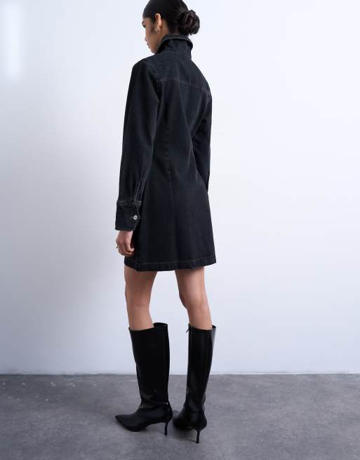 Topshop - Robe courte en jean à manches longues et fermeture éclair - Noir délavé, 3 de 4