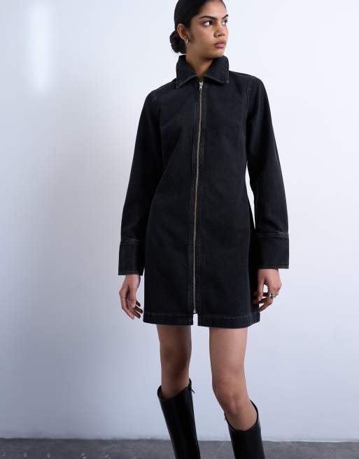 Topshop - Robe courte en jean à manches longues et fermeture éclair - Noir délavé, 4 de 4