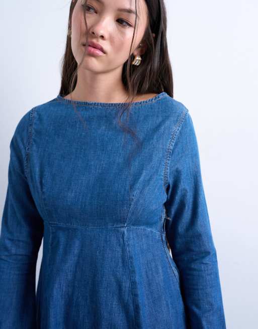 Topshop - Robe courte en jean avec manches évasées - Bleu moyen, 2 de 4