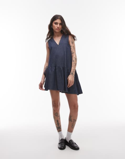 Topshop - Robe courte en jean avec ourlet à basque et nœuds - Indigo brut - view 1