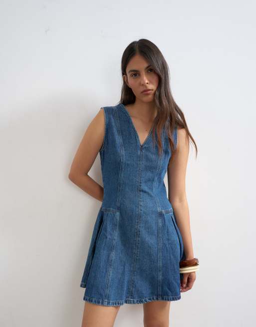 Topshop - Robe courte en jean plissée sur les côtés - Bleu profond, 2 de 4