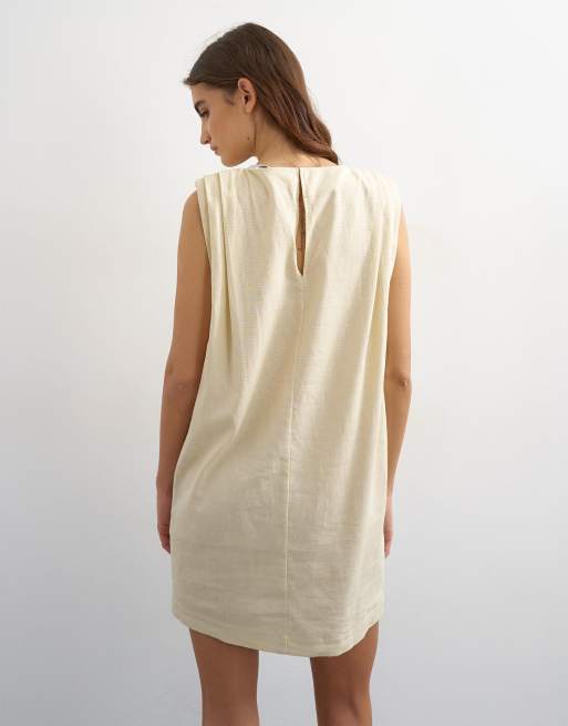 Topshop - Robe courte en lin majoritaire à épaules oversize - Beige, 4 de 4