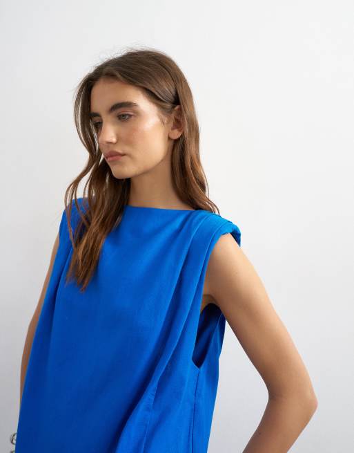 Topshop - Robe courte en lin majoritaire à épaules oversize - Cobalt, 3 de 4