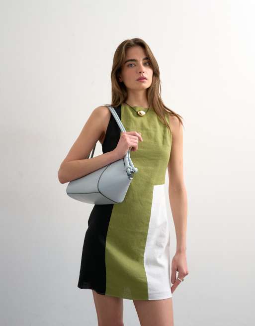 Topshop - Robe courte en lin majoritaire effet color block à dos ouvert - Kaki