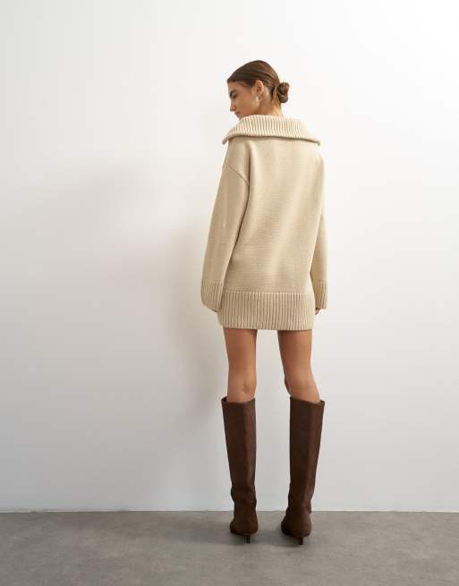 Topshop robe courte en maille à col ouvert avec laine, couleur avoine, 3 de 4
