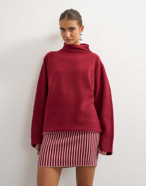 Topshop robe courte en maille à rayures à manches longues en laine bordeaux, 2 de 4