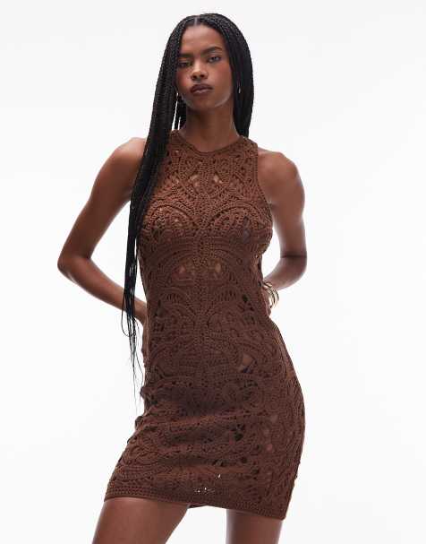 Topshop - Robe courte en maille au crochet - Chocolat - view 1