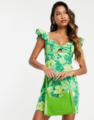 Topshop - Robe courte en popeline à découpe - Vert fleuri