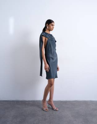 Robe courte en satin à encolure style foulard - Bleu marine 38