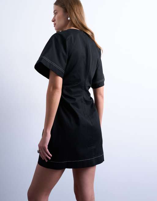 Topshop - Robe courte en sergé épais à coutures contrastantes - Noir, 3 de 4