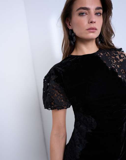Topshop - Robe courte en velours avec empiècements en dentelle et mancherons - Noir, 3 de 4