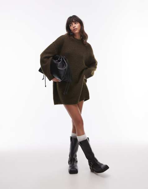 Topshop - Robe courte et oversize en maille avec col ras de cou et coutures apparentes - Kaki - view 1