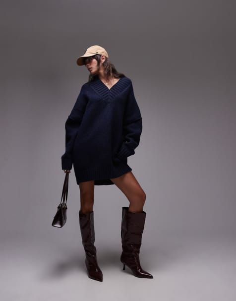 Topshop - Robe courte et oversize en maille avec col V montant - Bleu marine - view 1