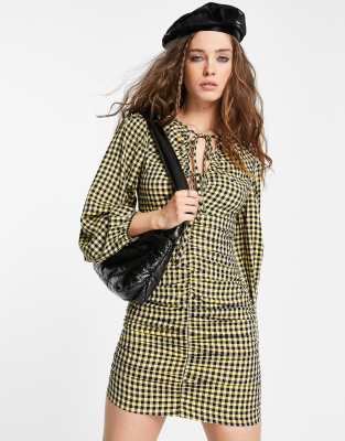 Topshop check ruch mini dress in yellow  - ASOS Price Checker