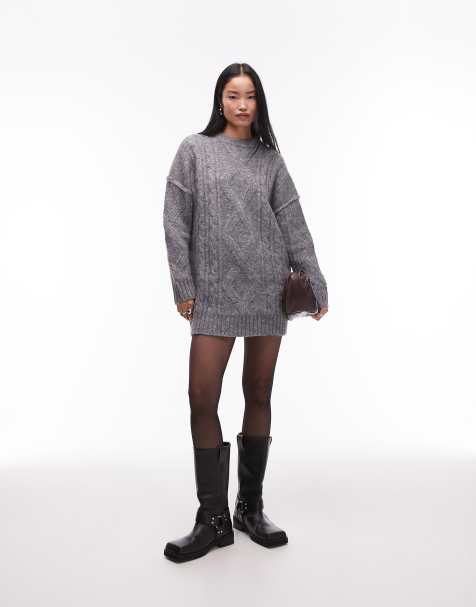Topshop - Robe courte oversize en maille torsadée à losanges - Gris - view 1