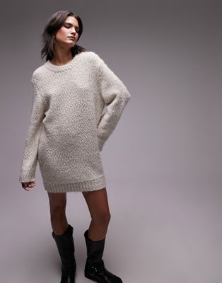 Topshop knitted boucle crew neck mini dress in oat - ASOS Price Checker