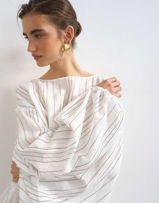 Topshop - Robe courte rayée à manches blouson longues - Blanc, 3 de 4