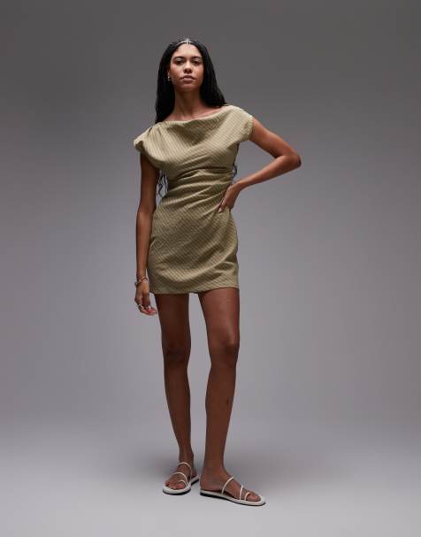 Topshop - Robe courte rayée à taille cintrée et encolure large - Vert - view 1
