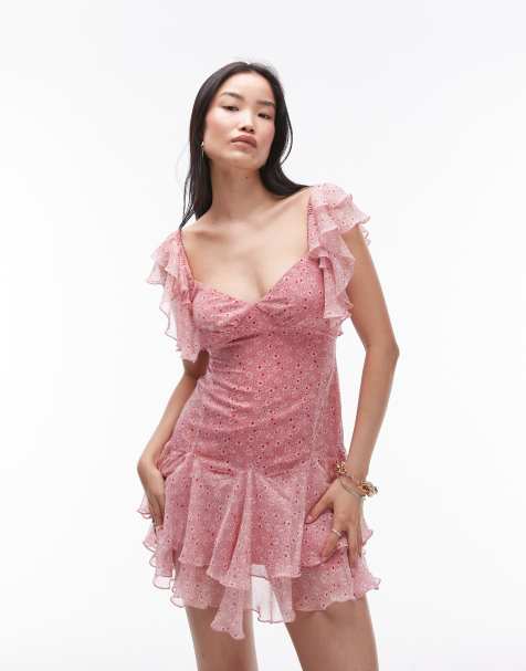 Topshop - Robe courte rétro à petites fleurs avec manches évasées - Rouge - view 1