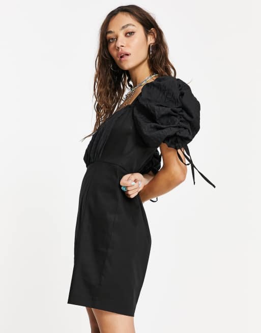 Topshop - Robe courte texturée à encolure carrée et manches bouffantes - Noir