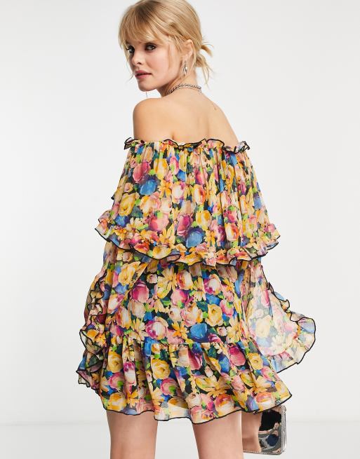 Topshop - Robe courte volantée à imprimé floral avec encolure Bardot - Couleurs vives, 2 de 4