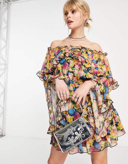 Topshop - Robe courte volantée à imprimé floral avec encolure Bardot - Couleurs vives, 3 de 4
