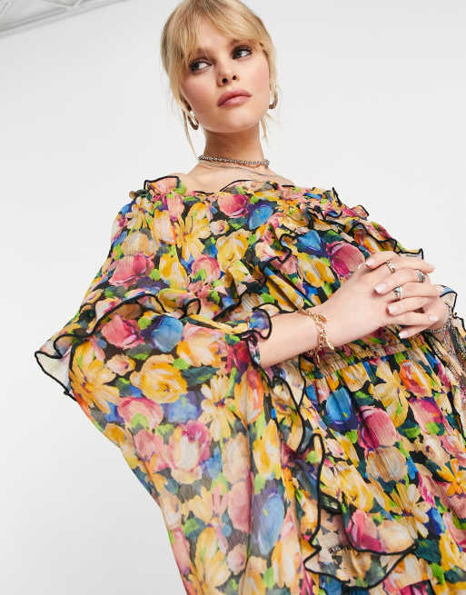 Topshop - Robe courte volantée à imprimé floral avec encolure Bardot - Couleurs vives, 4 de 4