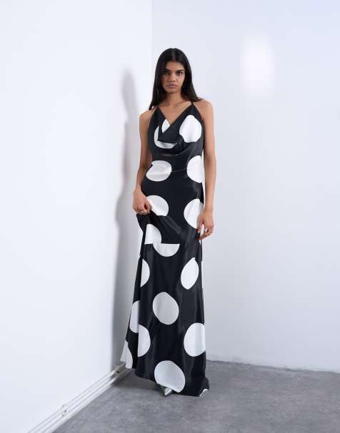 Topshop - Robe de cérémonie à pois avec col bénitier - Noir et blanc - view 1