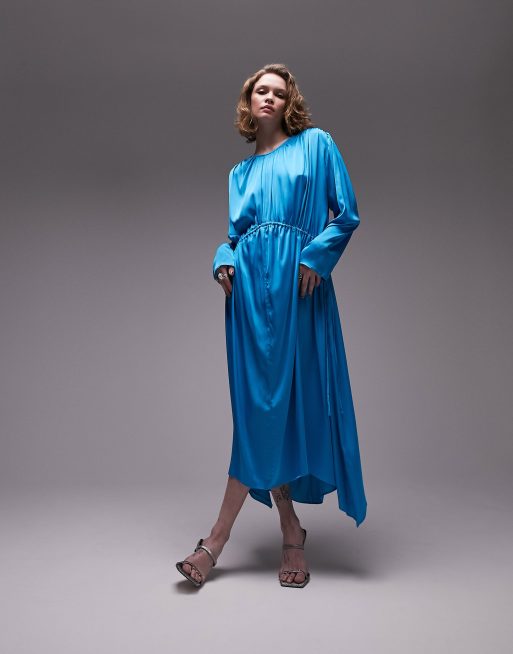 Topshop Robe de cocktail mi longue manches longues avec d tail fronc Bleu azur