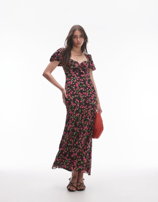 Topshop - Robe de soirée à manches froncées - Imprimé fleurs rouges, 2 de 4