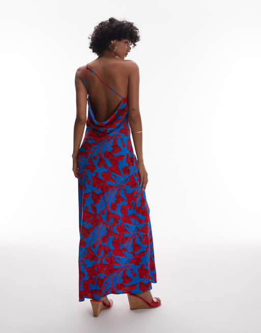 Topshop - Robe de soirée mi-longue et asymétrique avec dos ouvert et imprimé fleuri - Rouge/bleu, 2 de 4