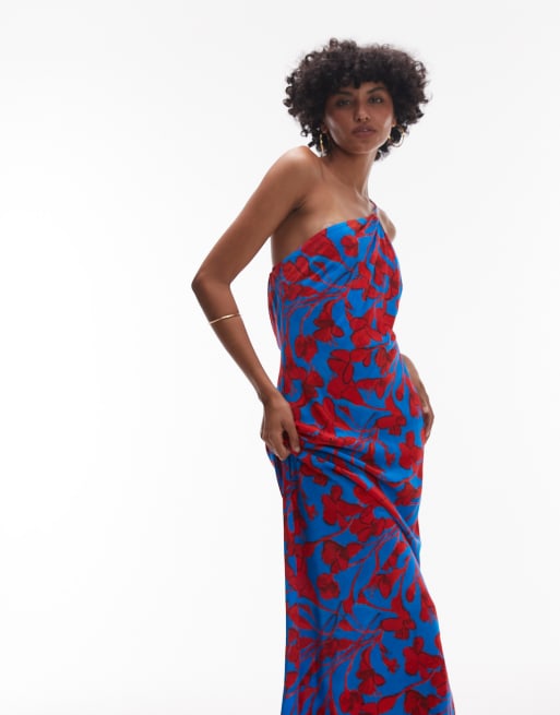 Topshop - Robe de soirée mi-longue et asymétrique avec dos ouvert et imprimé fleuri - Rouge/bleu, 4 de 4