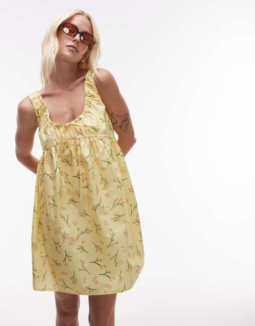 Topshop - Robe d'été froncée en popeline à petites fleurs - Jaune, 3 de 4