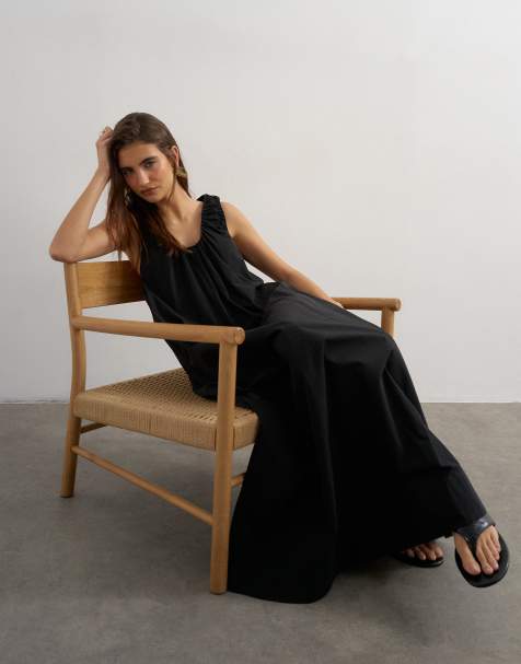 Topshop - Robe d'été longue en popeline de coton à encolure froncée - Noir - view 1